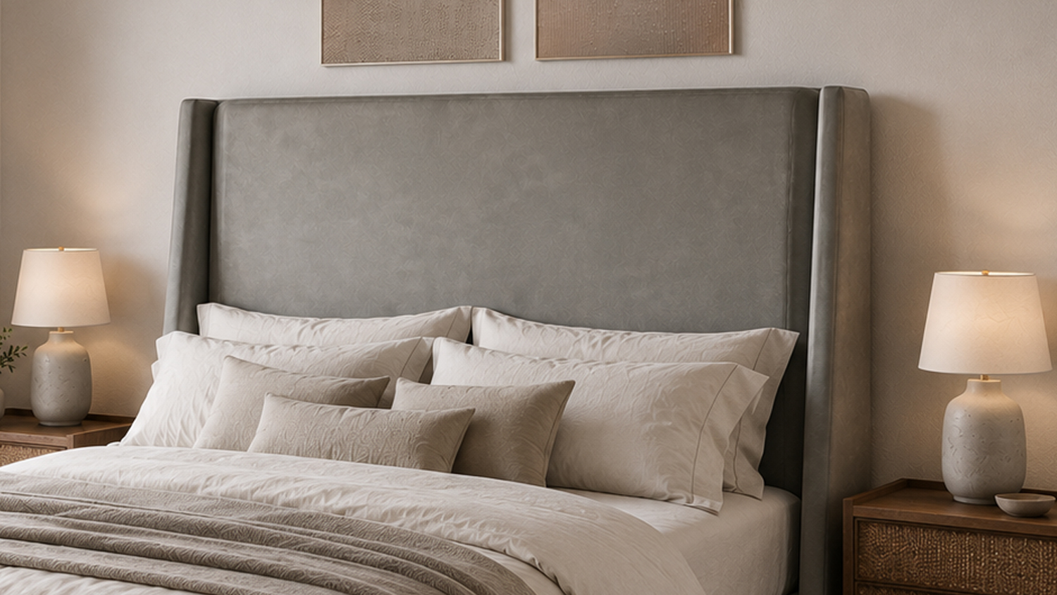Front view of the Alena Queen Upholstered Headboard
